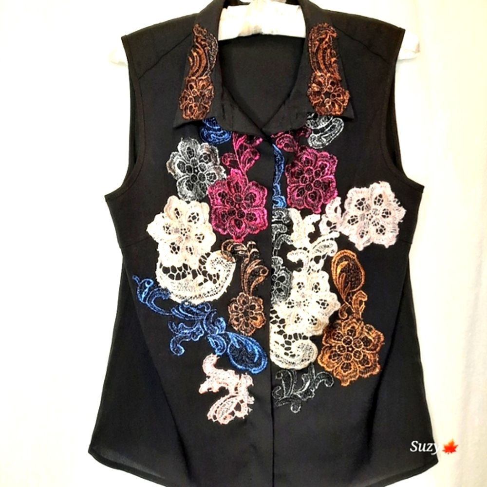 JU'S Collared Sleeveless Black Blouse, Satiny Appliqué